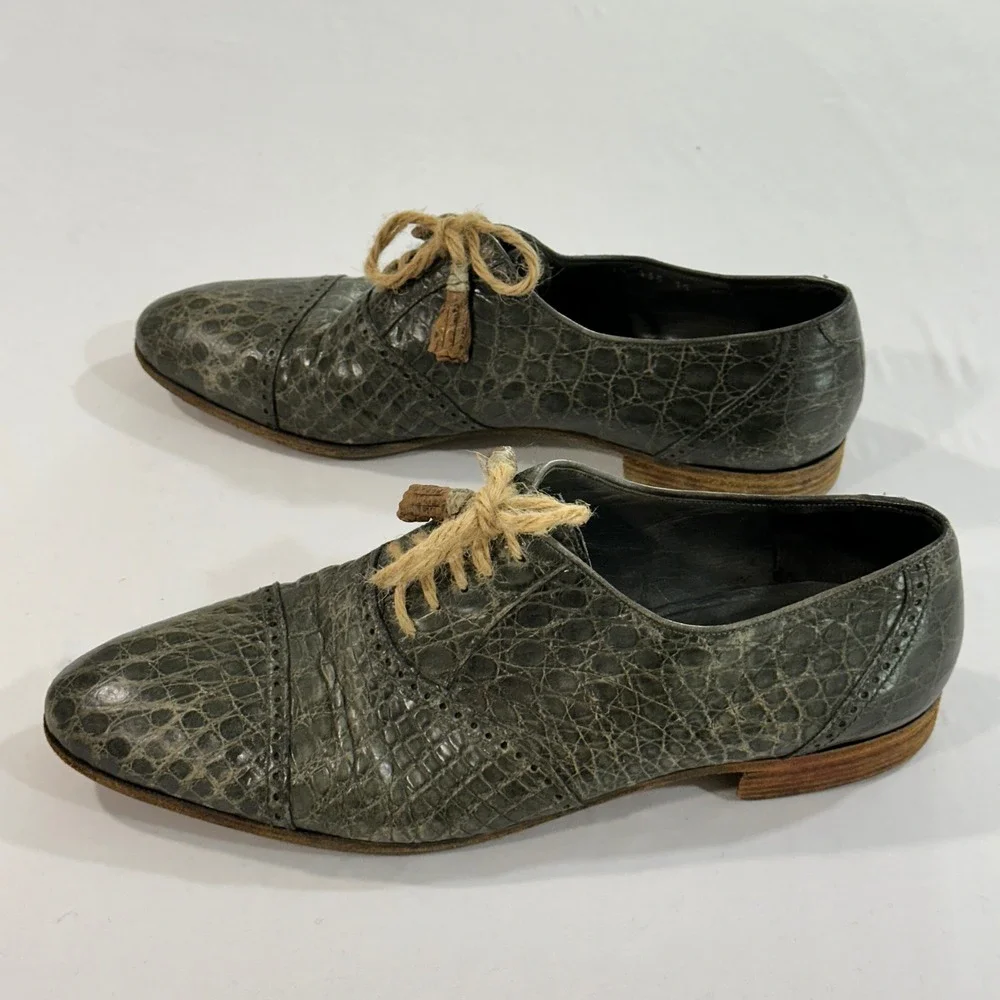 Mauri Alligator Skin Oxfords Mens 11‎ Grey-Green Tassel Lace Up | Italian Luxury